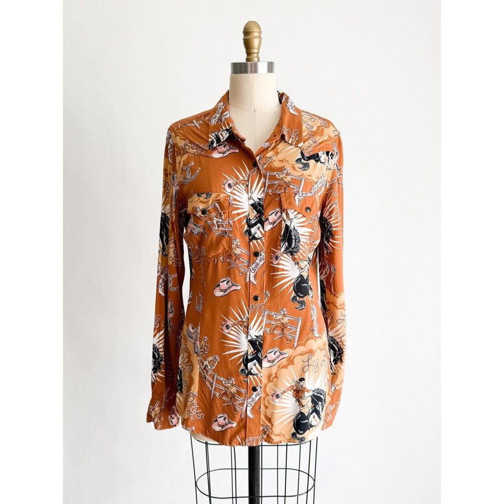Wrangler Retro Western Graphic Button Down Shirt Medium Orange Long Live Cowboys